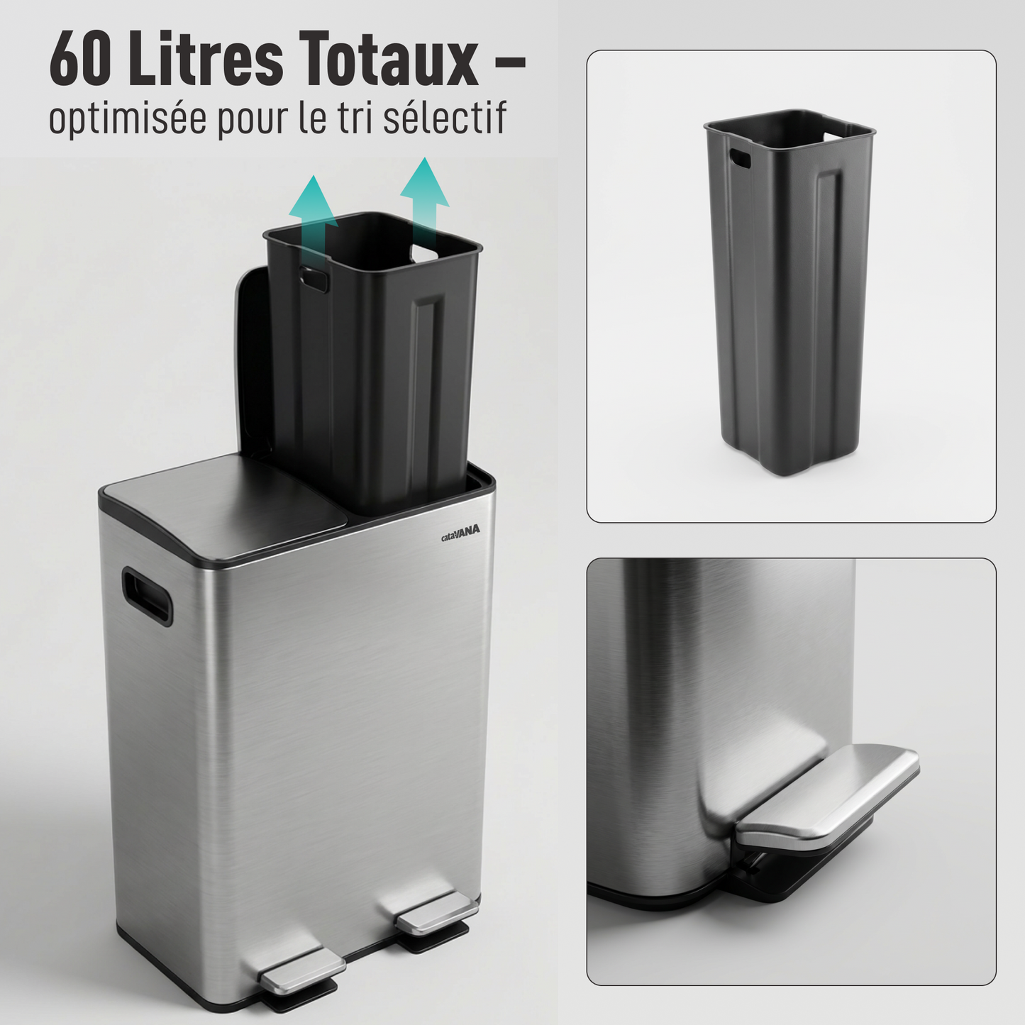 Poubelle Double Compartiment 2 x 30L, Pédales Métal, 2 Seaux Plastique, Fermeture Douceur, Hermétique