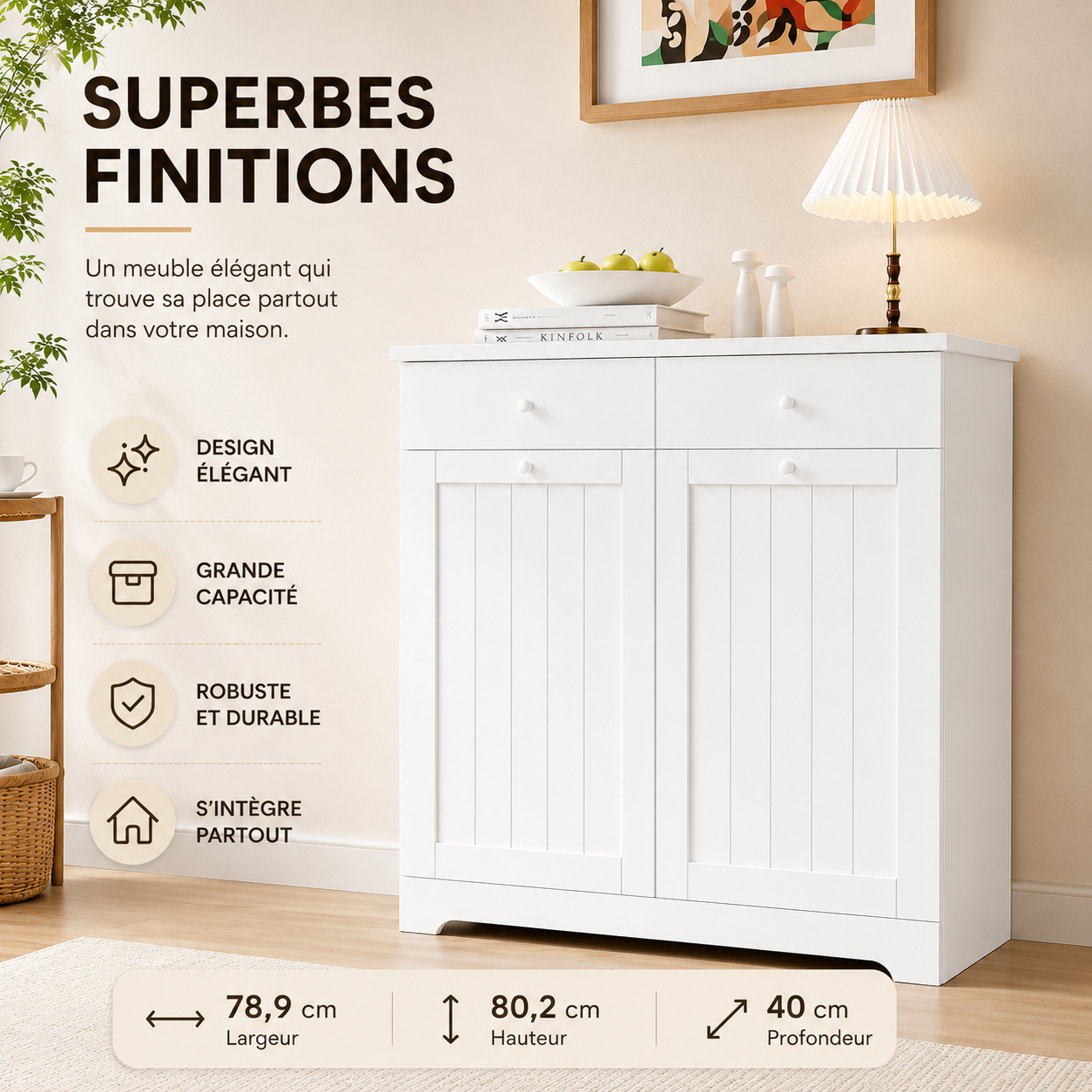 Meuble à Linge 45L, Armoire à Linge 2 Compartiments avec Paniers Amovibles couleur Bois Blanc