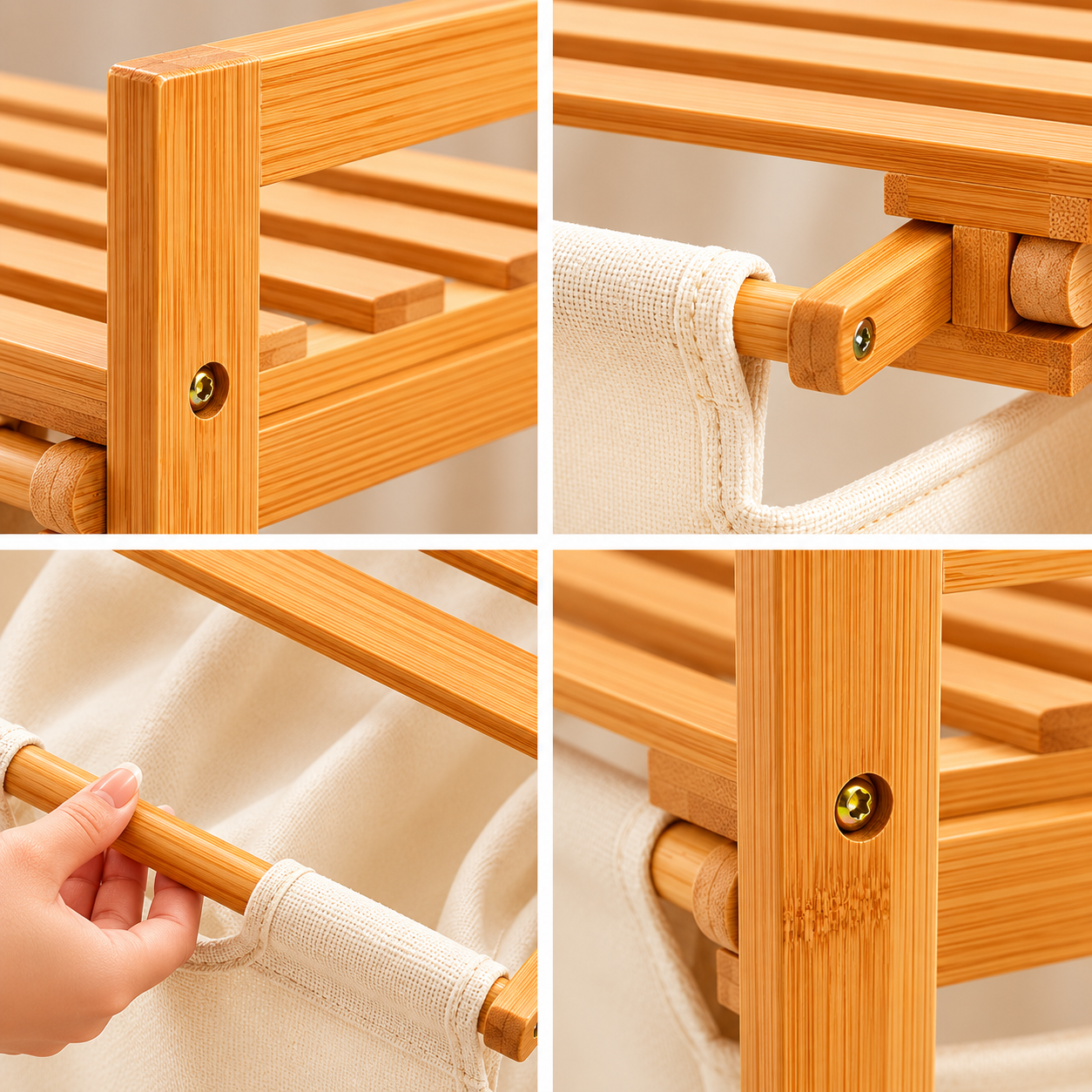 Panier a linge sur pied bambou - 2 Paniers a linge sale - Tissu Blanc - Corbeilles a linge - Salle de bain - 64x33x73cm