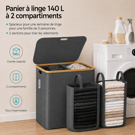 Panier à Linge en Bambou Noir avec Couvercle – Corbeille à Linge 140 L avec Double Sacs et Poignées