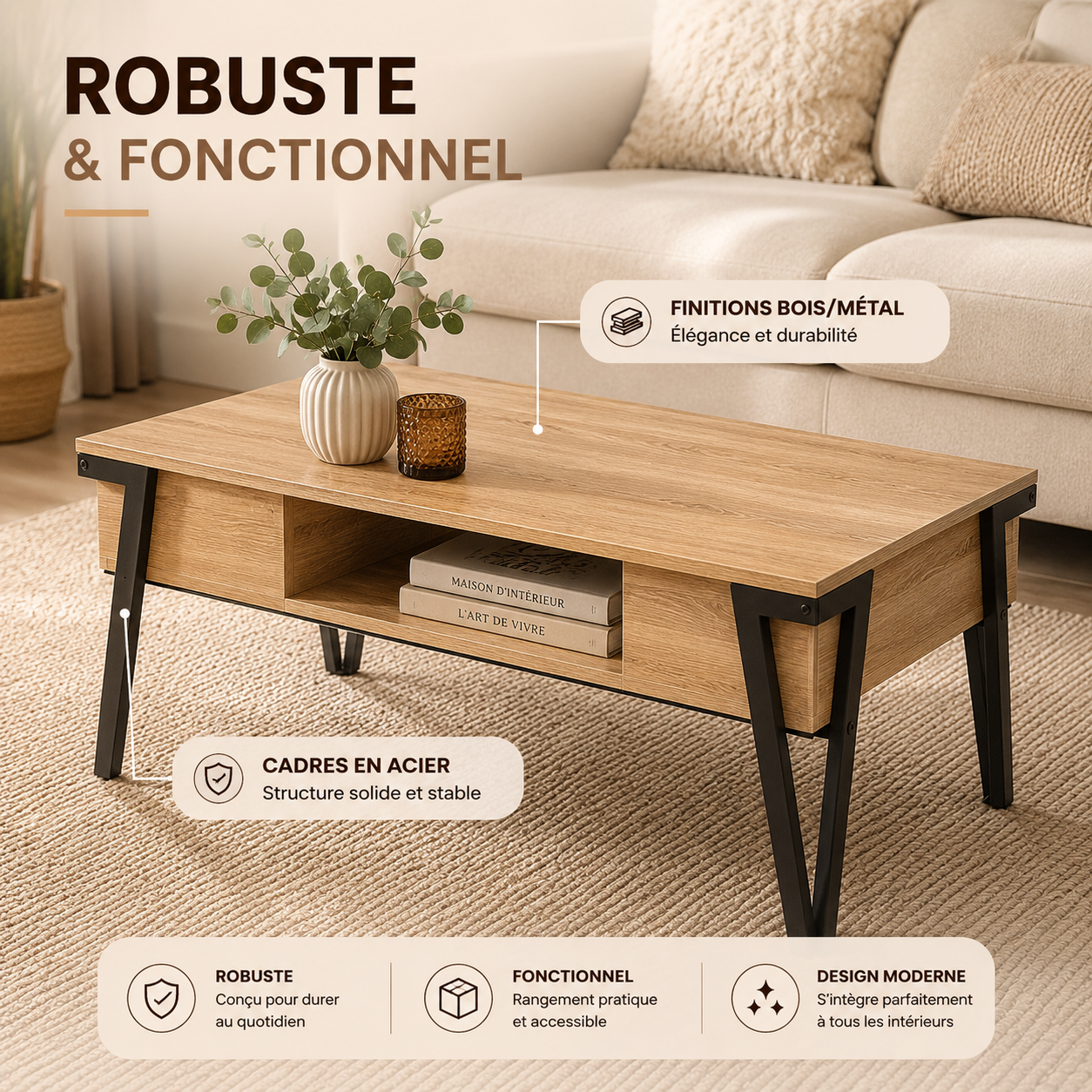 Table Basse Rectangulaire 110x55x45 cm – Acier Noir, Plateau Bois – Design Moderne pour Salon, Bureau ou Espace de Vie