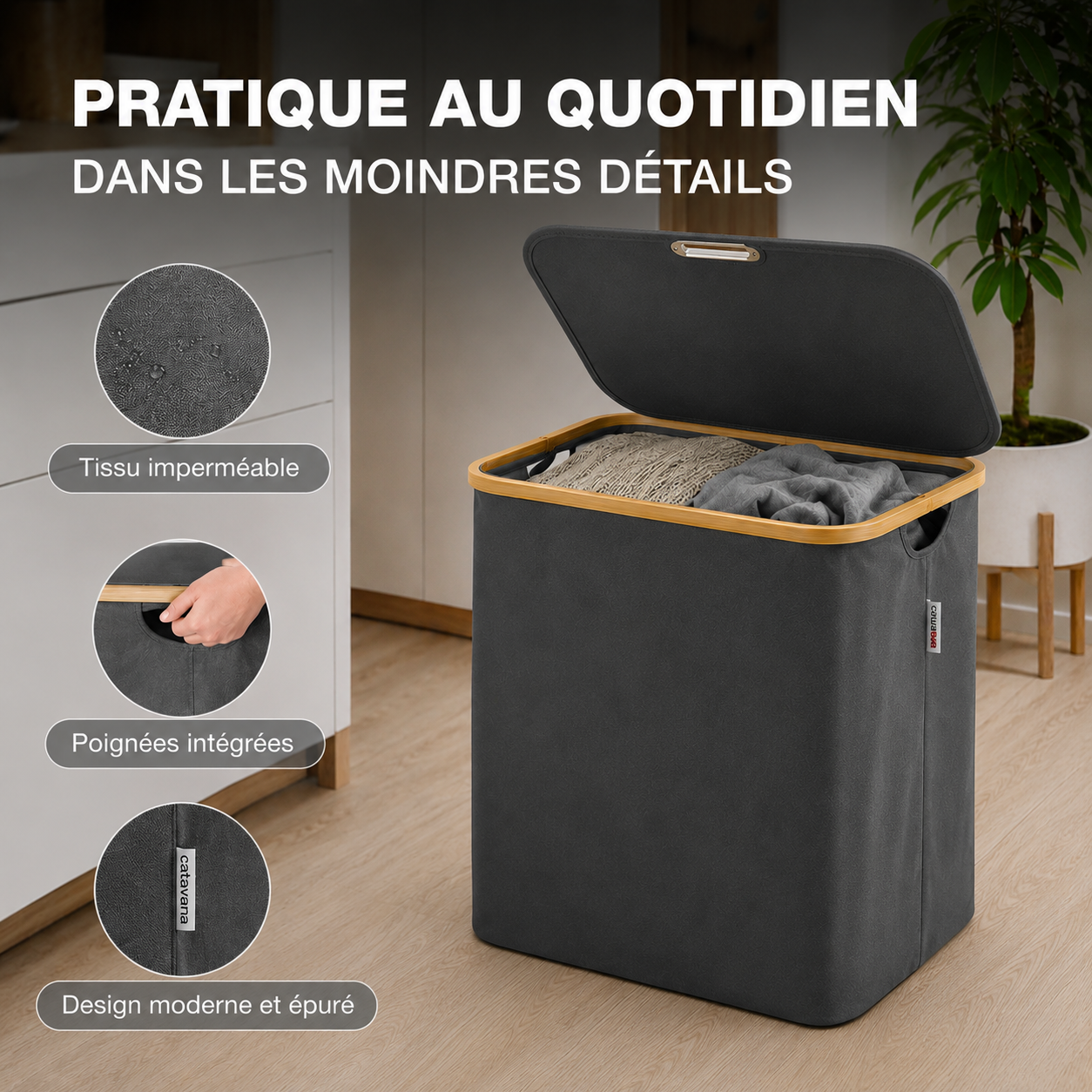 Panier à Linge en Bambou Noir avec Couvercle – Corbeille à Linge 140 L avec Double Sacs et Poignées