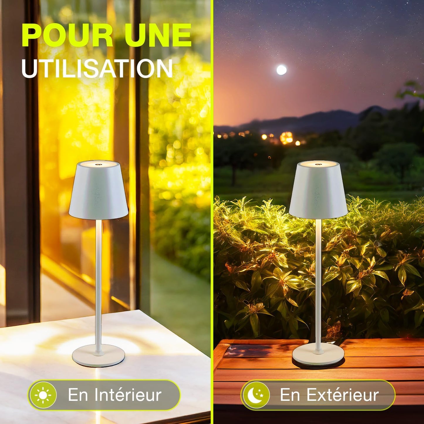 Lampe de Table LED Sans Fil Rechargeable – Tactile Variateur USB-C IP44 Intérieur Extérieur Métal