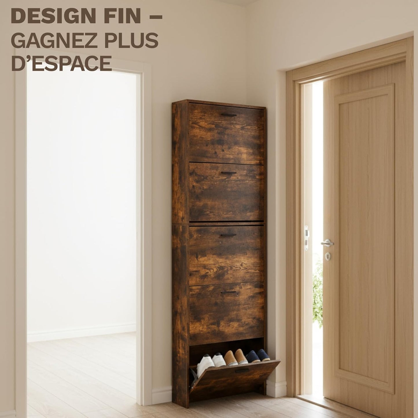 Meuble de Rangement à Chaussures - 15 Paires - 5 abattants - Dimensions : L60xP24xH180 cm - Couleur Rustique
