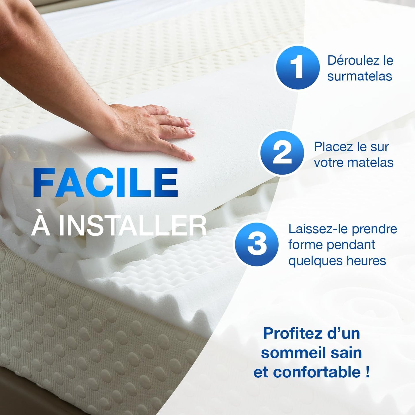 Surmatelas Mémoire de Forme 5 cm + Housse Bambou - Ergonomique, 13 Zones, Idéal Matelas 2 Places