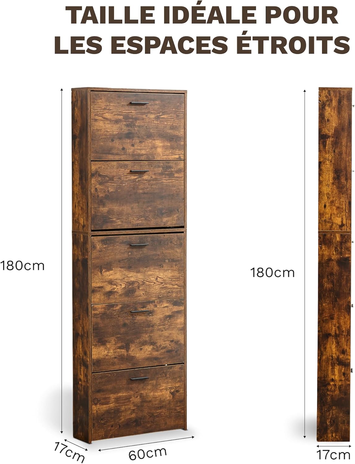 Meuble de Rangement à Chaussures - 15 Paires - 5 abattants - Dimensions : L60xP24xH180 cm - Couleur Rustique