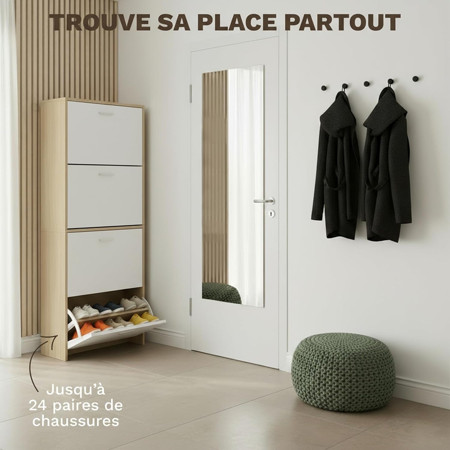 Meuble à Chaussures 24 Paires 4 Abattants – Armoire Étroite 24 cm Gain de Place – Meuble Entrée Blanc Bois 60x24x150 cm