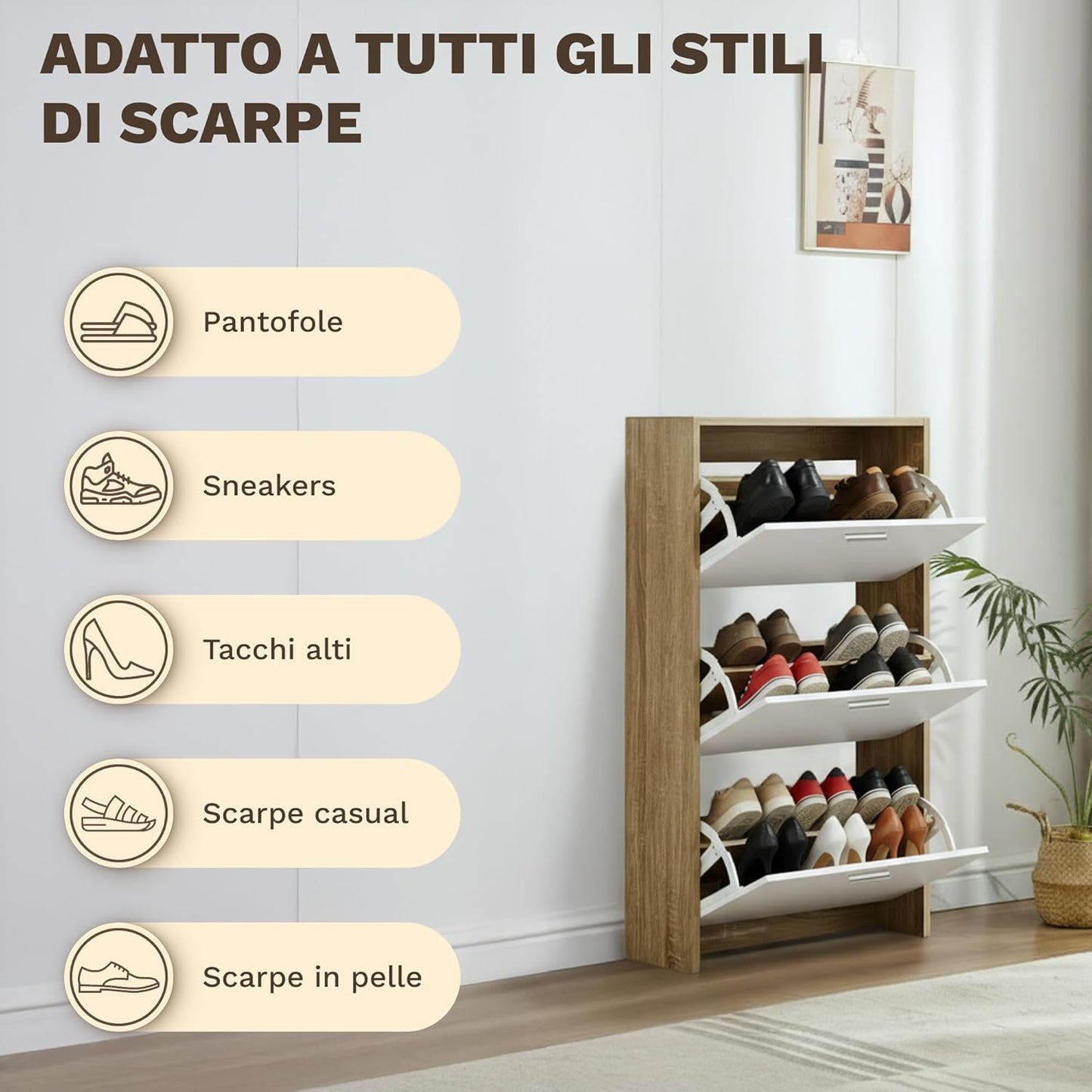 Meuble de Rangement à Chaussures - 18 Paires - 3 abattants - Dimensions : L60xP24x1130 cm - Bois Blanc