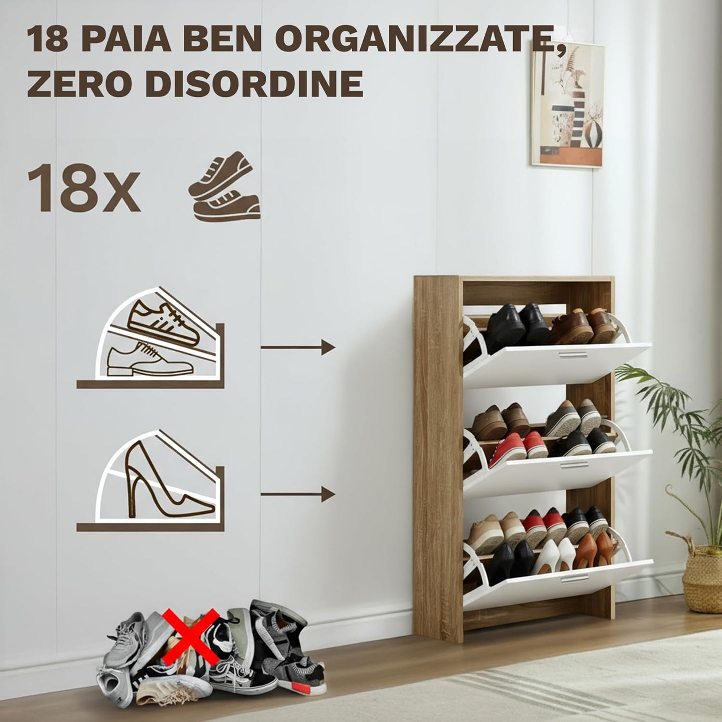 Meuble de Rangement à Chaussures - 18 Paires - 3 abattants - Dimensions : L60xP24x1130 cm - Bois Blanc