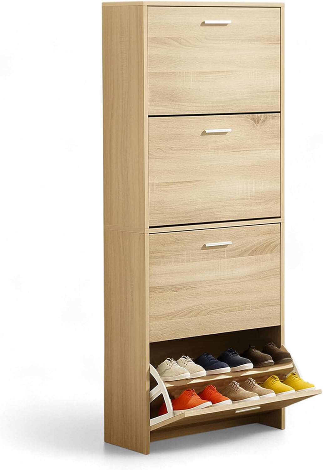 Meuble à Chaussures 24 Paires 4 Abattants – Armoire Étroite 24 cm Gain de Place – Meuble Entrée Bois clair 60x24x150 cm