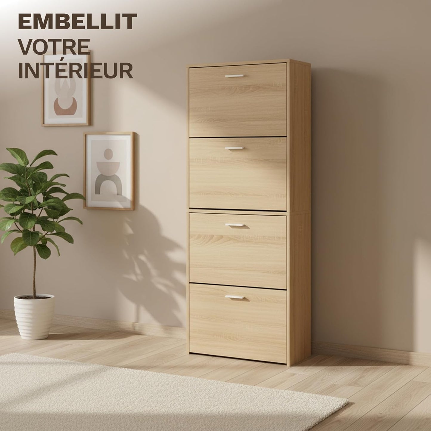 Meuble à Chaussures 24 Paires 4 Abattants – Armoire Étroite 24 cm Gain de Place – Meuble Entrée Bois clair 60x24x150 cm
