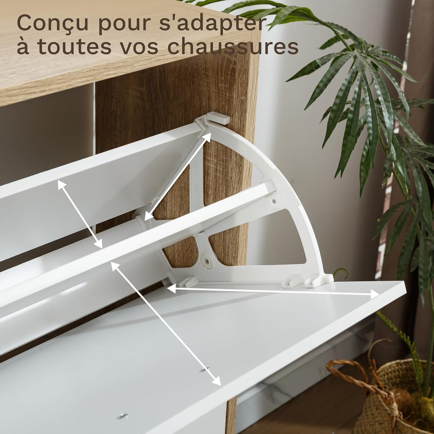 Meuble à Chaussures 2 Étagères 12 Paires Portes Blanches et Cadre Bois Clair (89.5 × 41 × 13 cm)