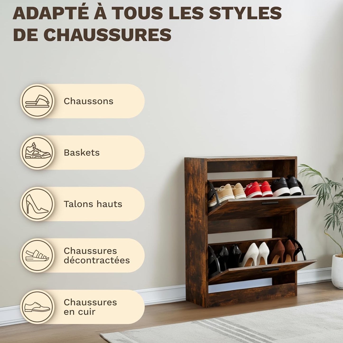 Meuble à Chaussures 12 Paires 2 Abattants – Armoire Étroite 24 cm Gain de Place – Meuble Entrée Bois Rustique 60x24x80 cm