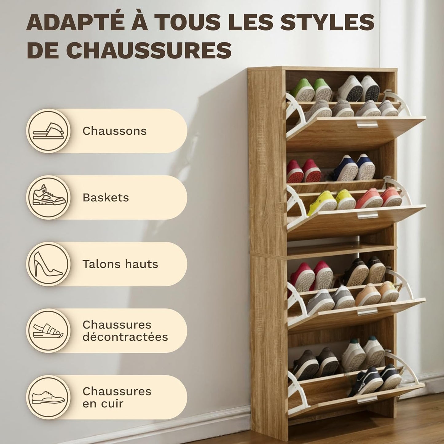 Meuble à Chaussures 24 Paires 4 Abattants – Armoire Étroite 24 cm Gain de Place – Meuble Entrée Bois clair 60x24x150 cm