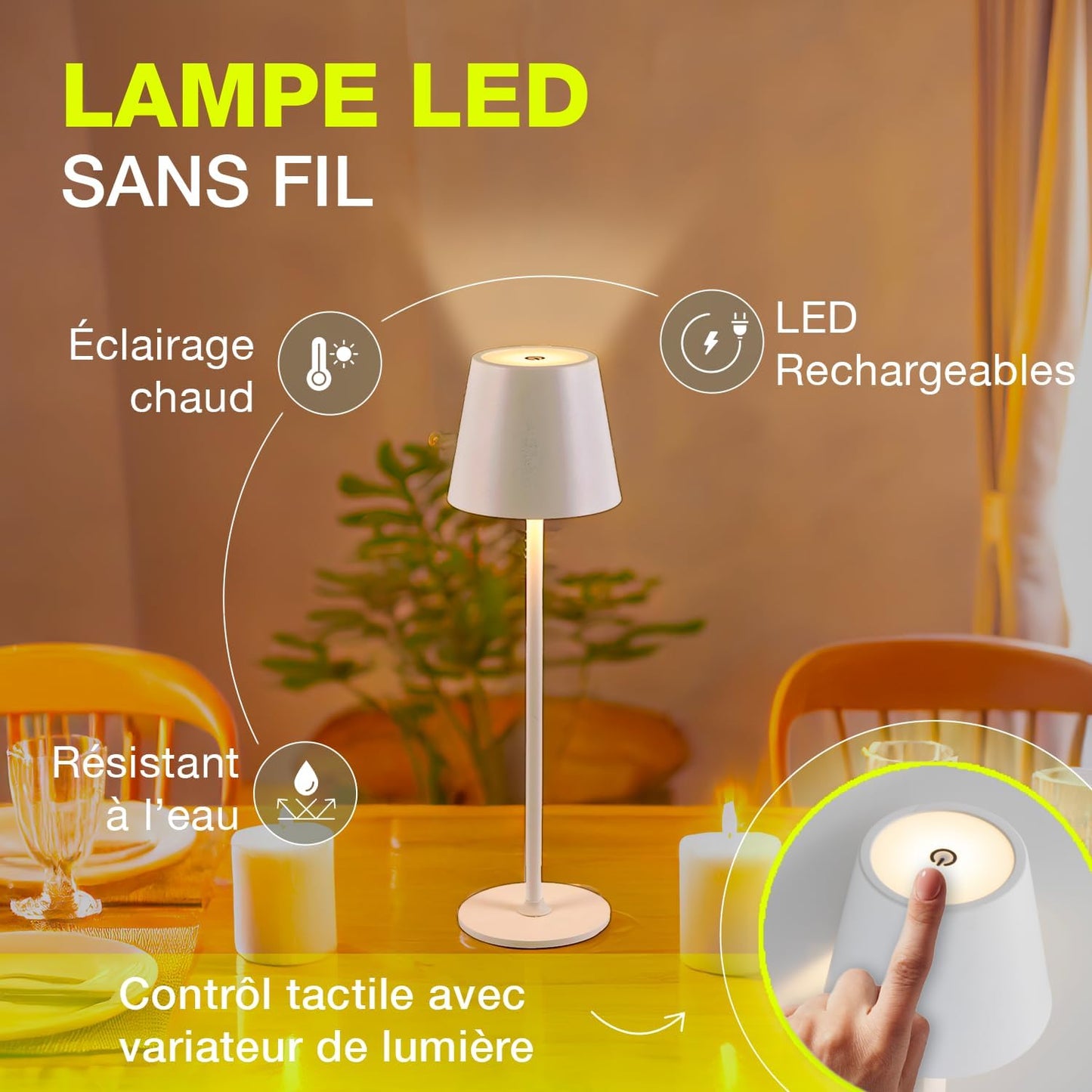 Lampe de Table LED Sans Fil Rechargeable – Tactile Variateur USB-C IP44 Intérieur Extérieur Métal
