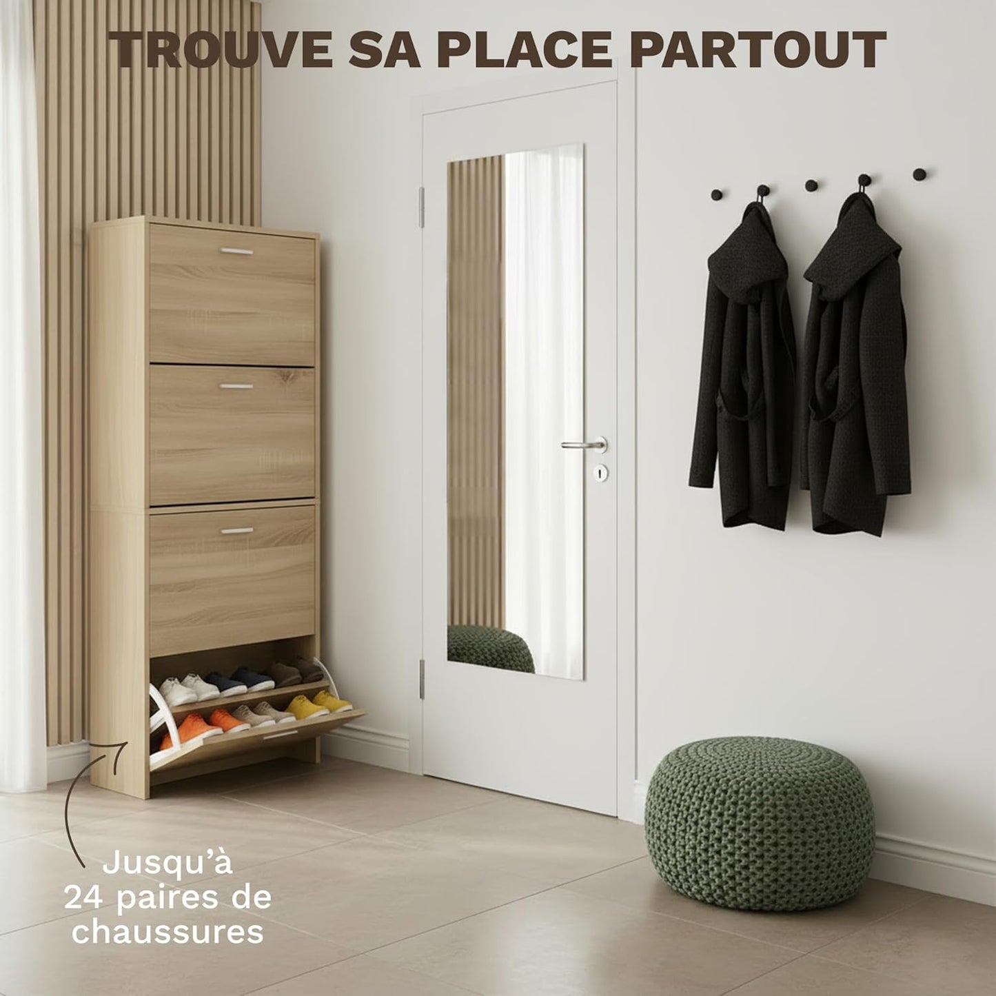 Meuble à Chaussures 24 Paires 4 Abattants – Armoire Étroite 24 cm Gain de Place – Meuble Entrée Bois clair 60x24x150 cm