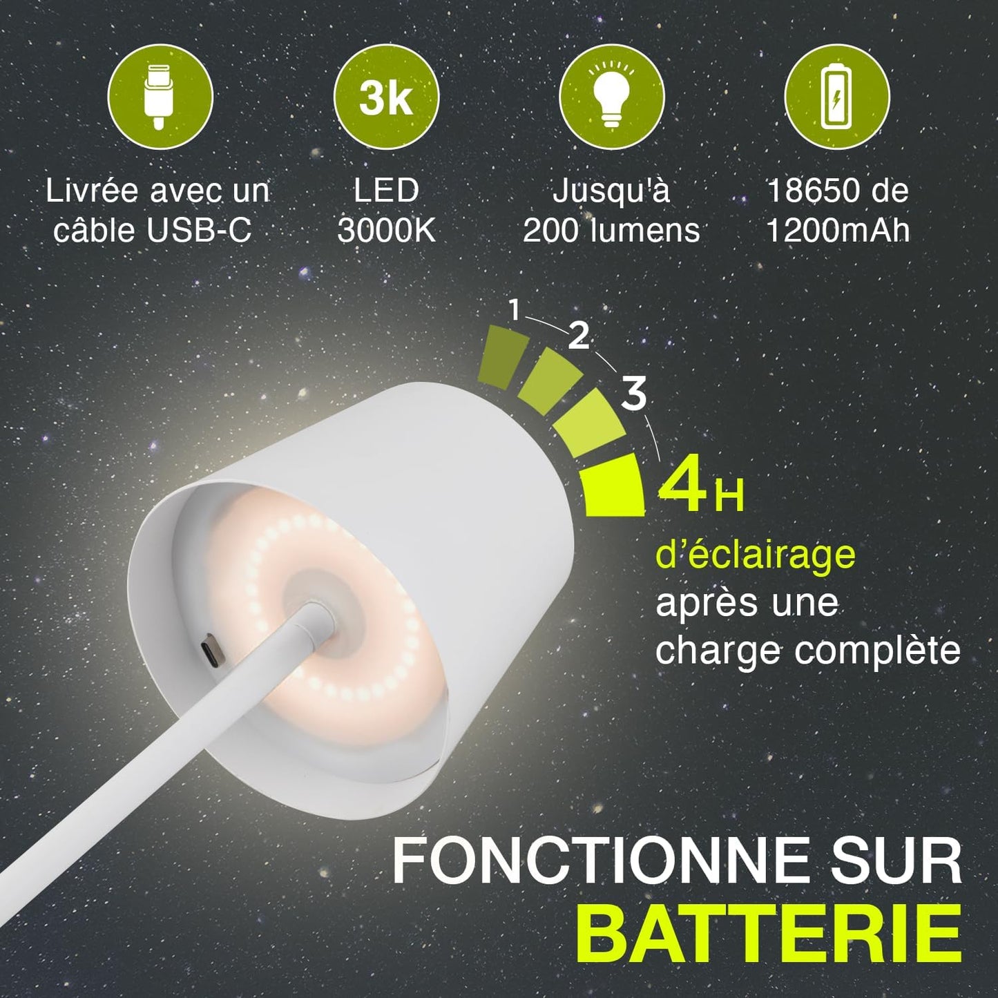 Lampe de Table LED Sans Fil Rechargeable – Tactile Variateur USB-C IP44 Intérieur Extérieur Métal