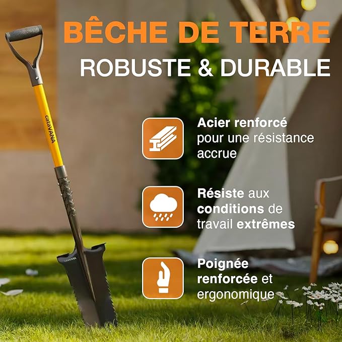 Bêche de Jardin avec Dents en Acier – Outil de Creusage et Ameublissement du Sol – Noir/Orange