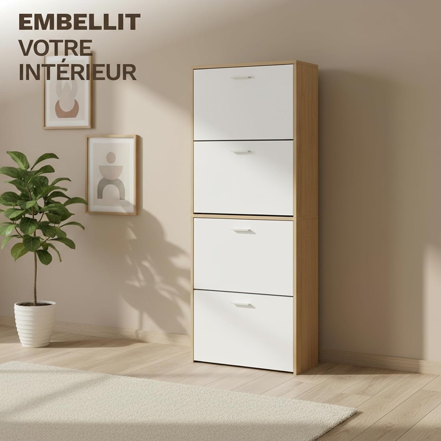 Meuble à Chaussures 24 Paires 4 Abattants – Armoire Étroite 24 cm Gain de Place – Meuble Entrée Blanc Bois 60x24x150 cm