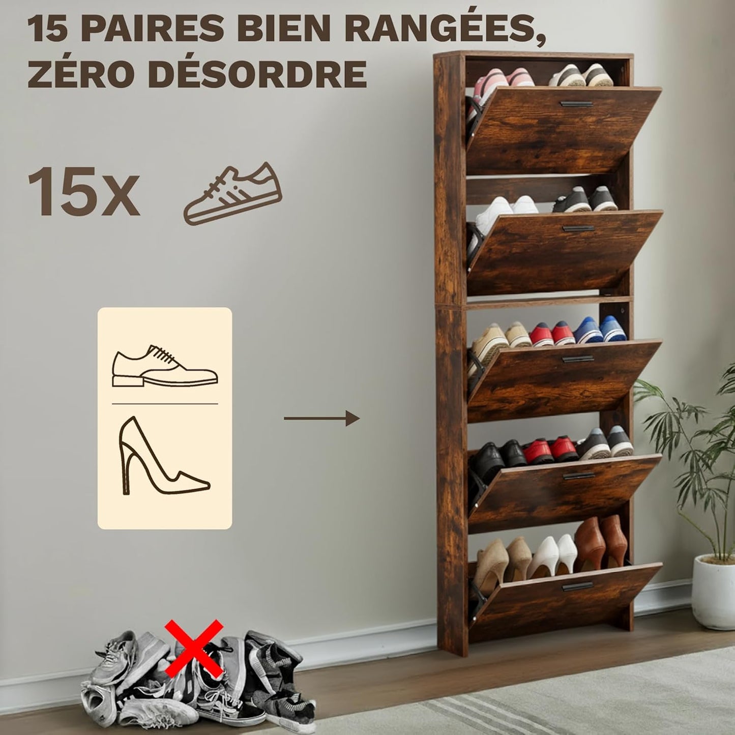 Meuble de Rangement à Chaussures - 15 Paires - 5 abattants - Dimensions : L60xP24xH180 cm - Couleur Rustique