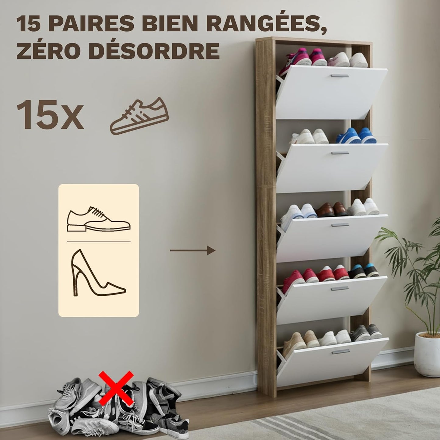 Meuble de Rangement à Chaussures - 15 Paires - 5 abattants - L60xP24xH180 cm - Portes Blanches et Cadre Bois Clair