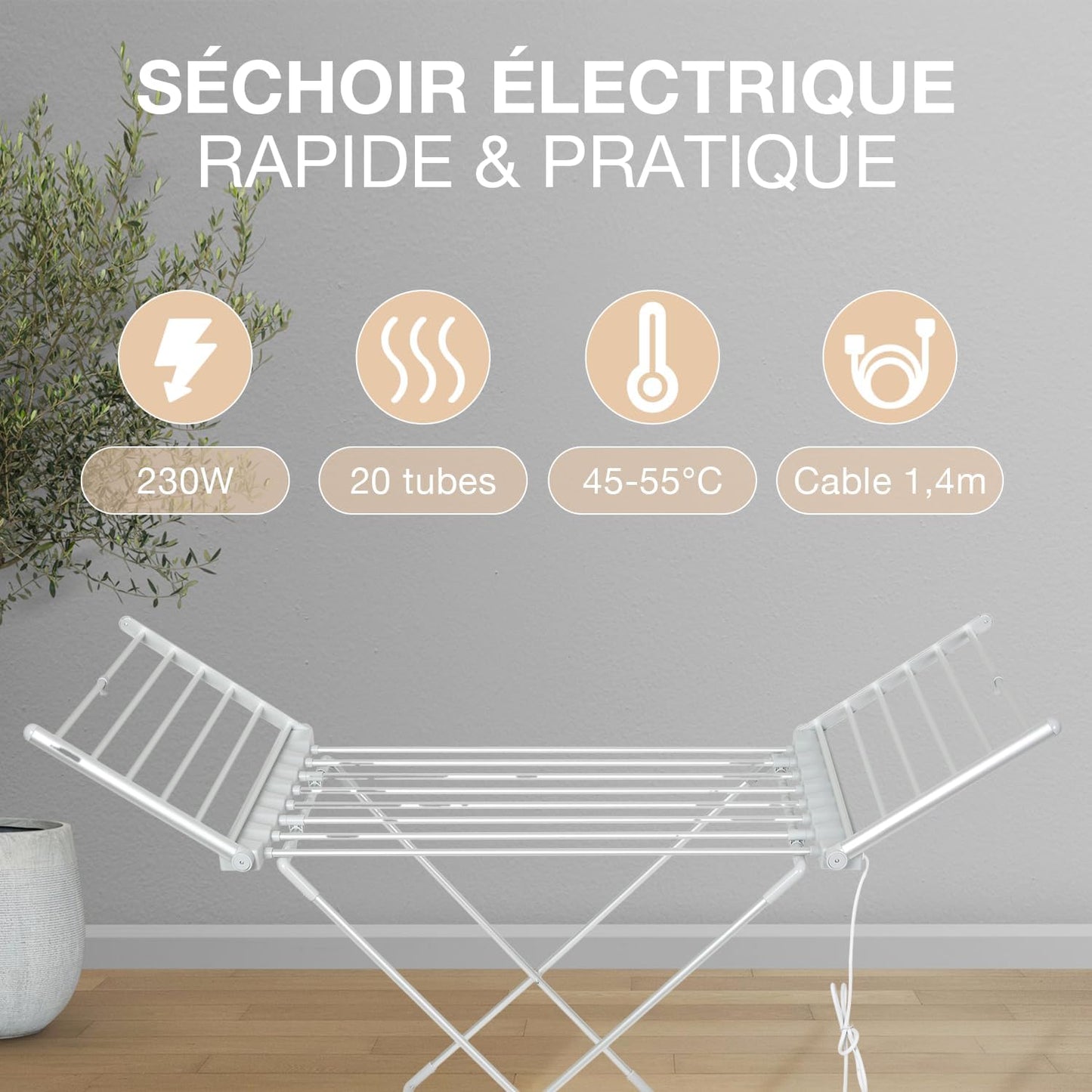 Séchoir Électrique XXL 1,6m - 230W - Température 45-55°C - Séchage Rapide Jusqu'à 15kg - Câble 1,4m - Idéal pour Intérieur
