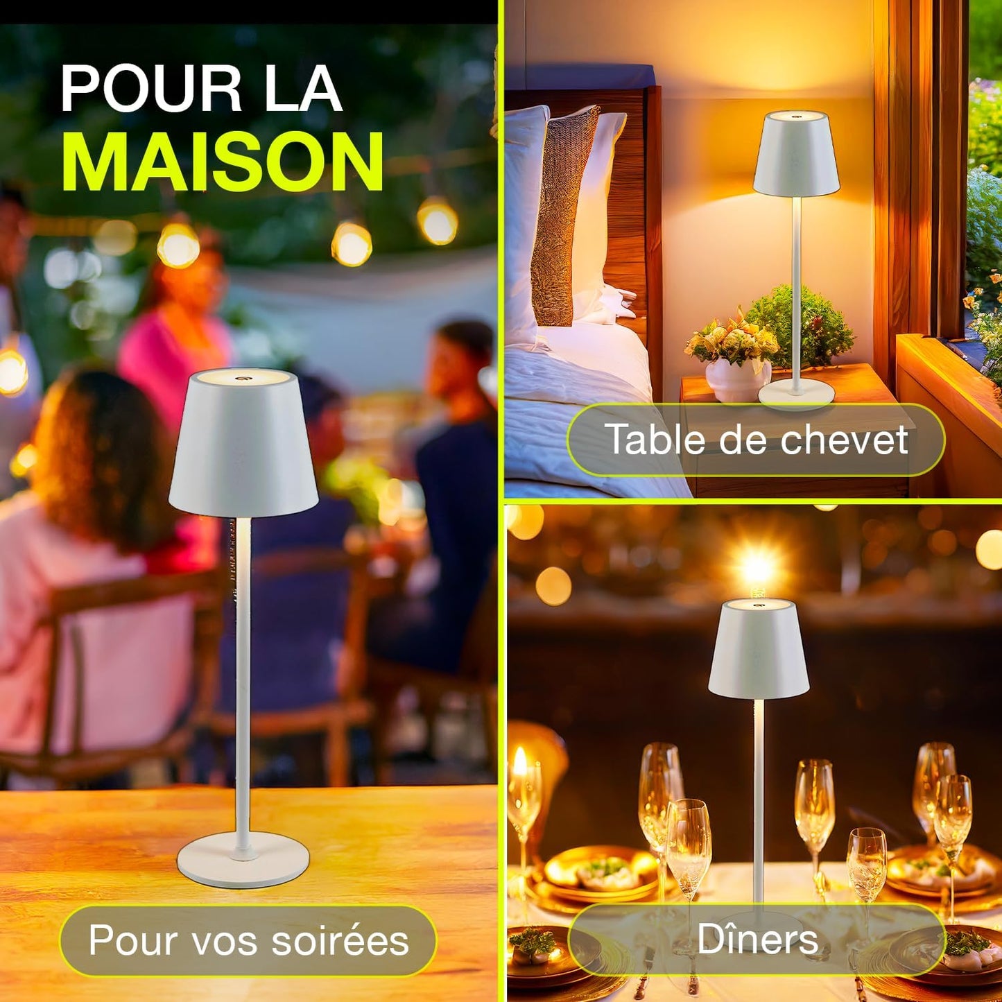 Lampe de Table LED Sans Fil Rechargeable – Tactile Variateur USB-C IP44 Intérieur Extérieur Métal