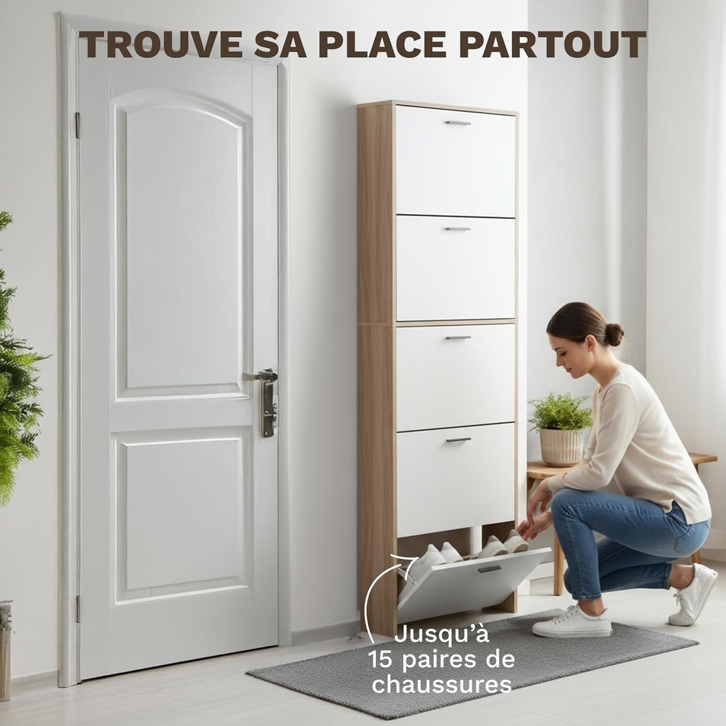 Meuble de Rangement à Chaussures - 15 Paires - 5 abattants - L60xP24xH180 cm - Portes Blanches et Cadre Bois Clair