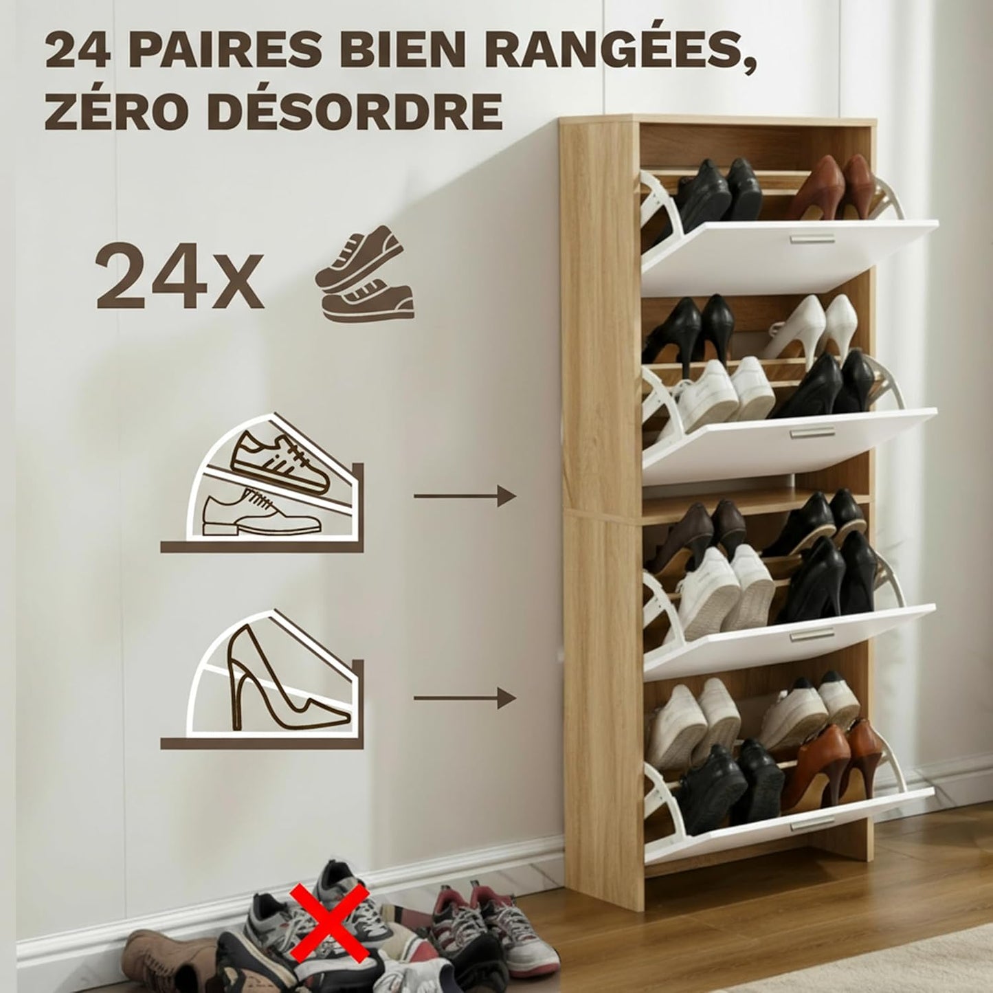 Meuble à Chaussures 24 Paires 4 Abattants – Armoire Étroite 24 cm Gain de Place – Meuble Entrée Blanc Bois 60x24x150 cm
