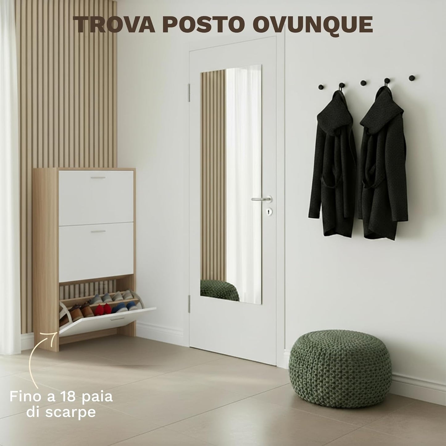 Meuble de Rangement à Chaussures - 18 Paires - 3 abattants - Dimensions : L60xP24x1130 cm - Bois Blanc