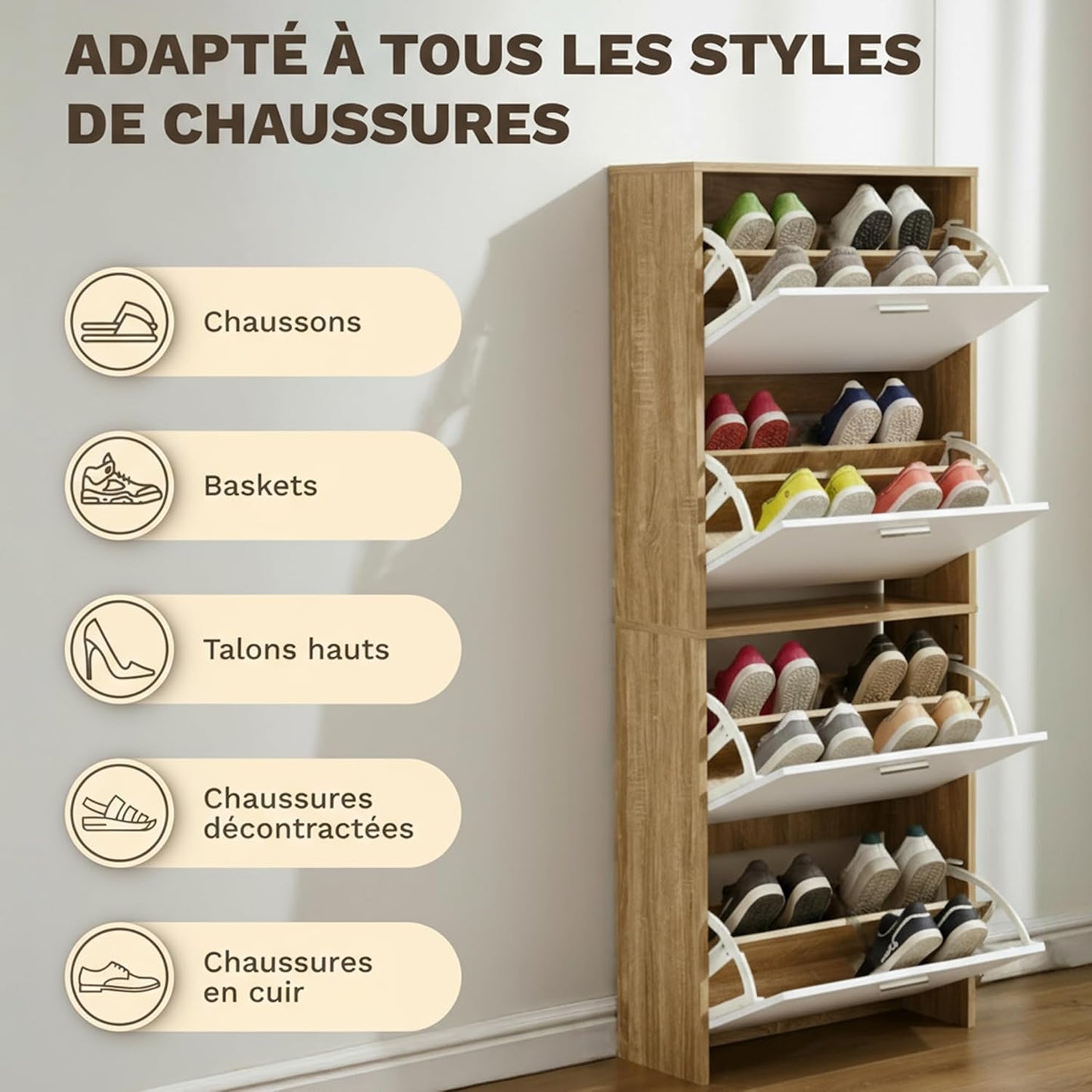 Meuble à Chaussures 24 Paires 4 Abattants – Armoire Étroite 24 cm Gain de Place – Meuble Entrée Blanc Bois 60x24x150 cm