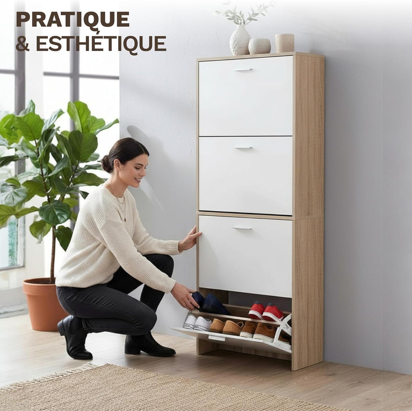 Meuble à Chaussures 24 Paires 4 Abattants – Armoire Étroite 24 cm Gain de Place – Meuble Entrée Blanc Bois 60x24x150 cm