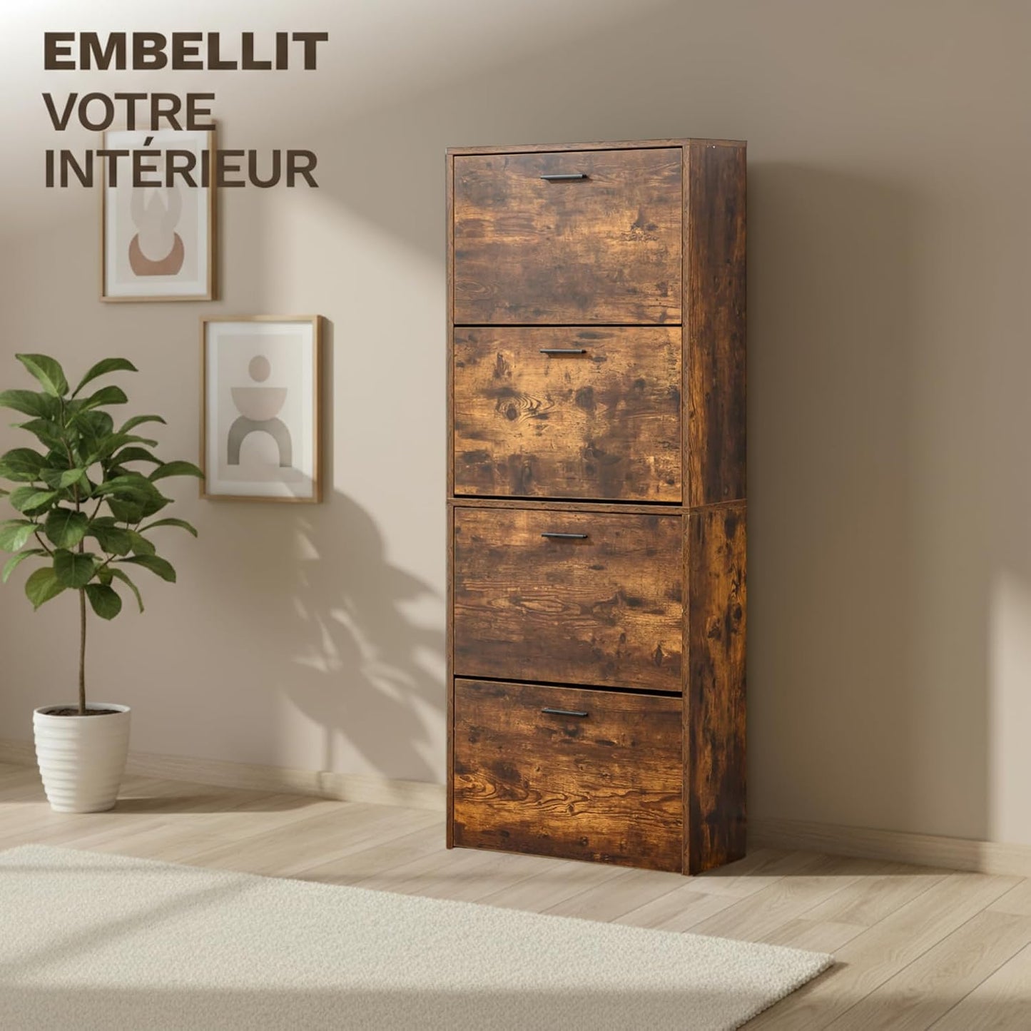 Meuble à Chaussures 24 Paires 4 Abattants – Armoire Étroite 24 cm Gain de Place – Meuble Entrée Bois Rustique 60x24x150 cm