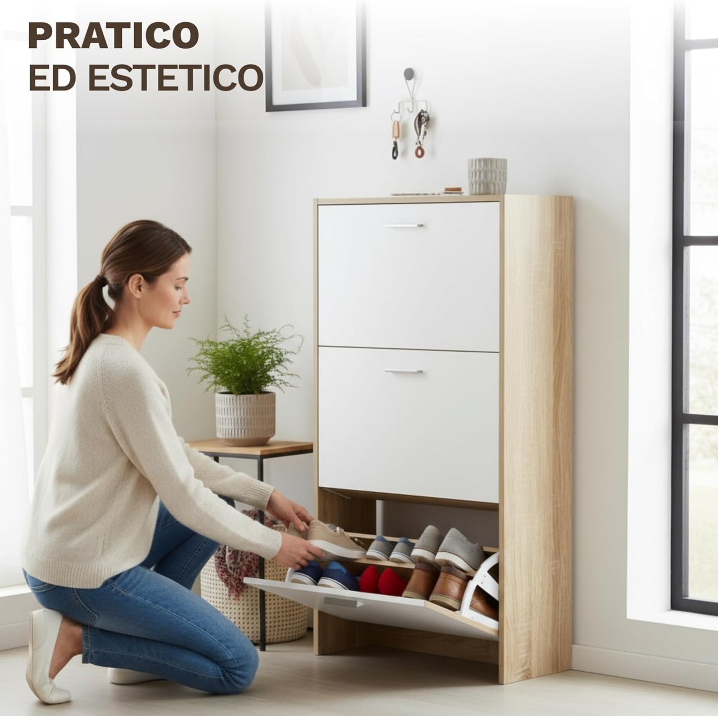 Meuble de Rangement à Chaussures - 18 Paires - 3 abattants - Dimensions : L60xP24x1130 cm - Bois Blanc