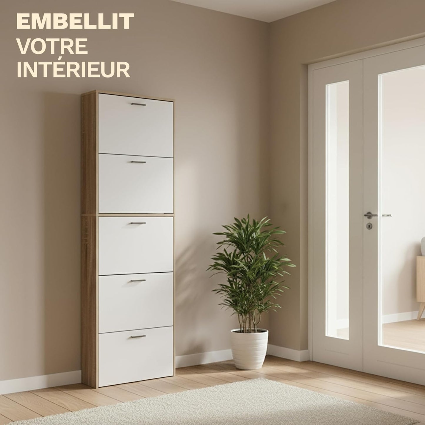 Meuble de Rangement à Chaussures - 15 Paires - 5 abattants - L60xP24xH180 cm - Portes Blanches et Cadre Bois Clair