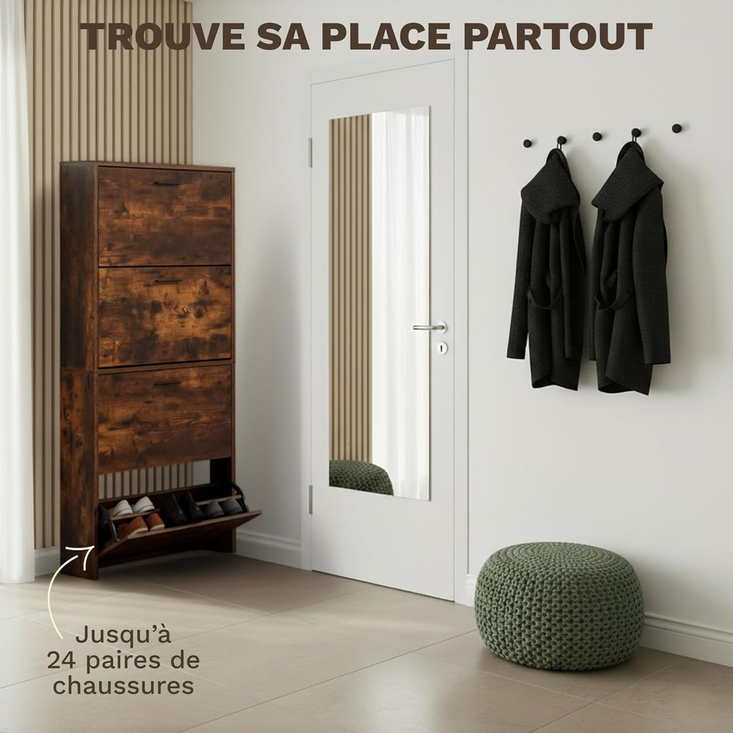 Meuble à Chaussures 24 Paires 4 Abattants – Armoire Étroite 24 cm Gain de Place – Meuble Entrée Bois Rustique 60x24x150 cm