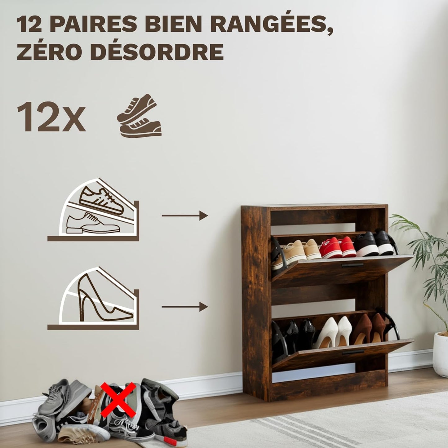 Meuble à Chaussures 12 Paires 2 Abattants – Armoire Étroite 24 cm Gain de Place – Meuble Entrée Bois Rustique 60x24x80 cm