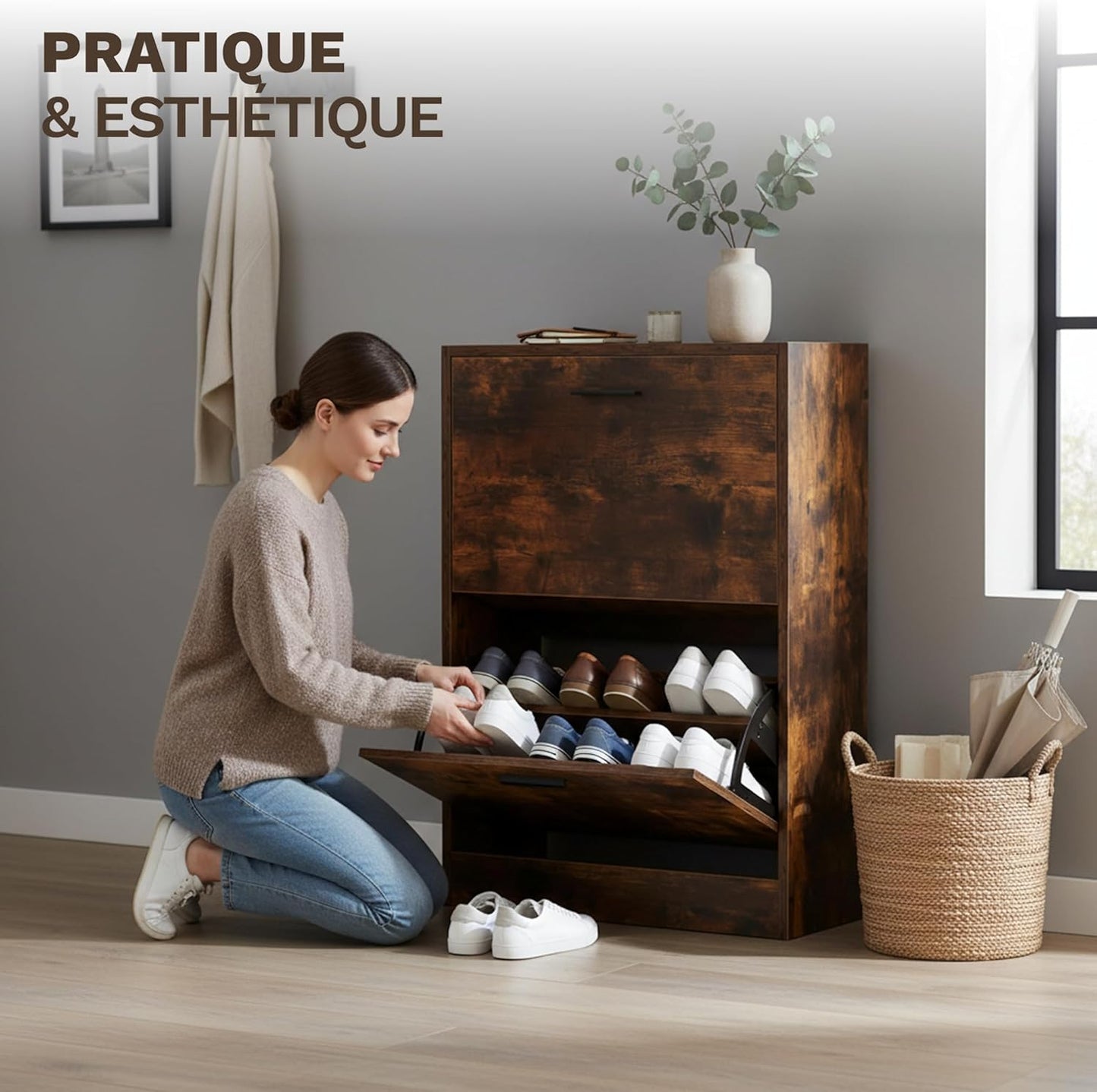 Meuble à Chaussures 12 Paires 2 Abattants – Armoire Étroite 24 cm Gain de Place – Meuble Entrée Bois Rustique 60x24x80 cm