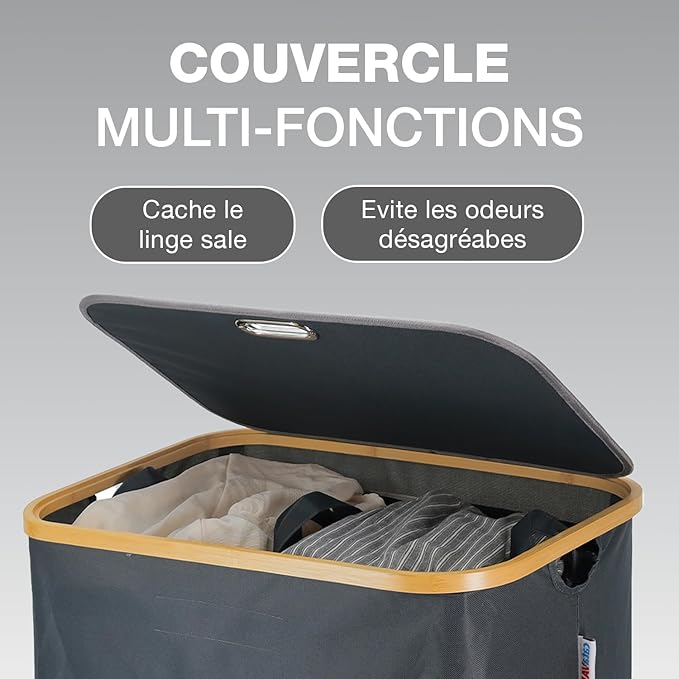 Panier à Linge en Bambou Noir avec Couvercle – Corbeille à Linge 140 L avec Double Sacs et Poignées