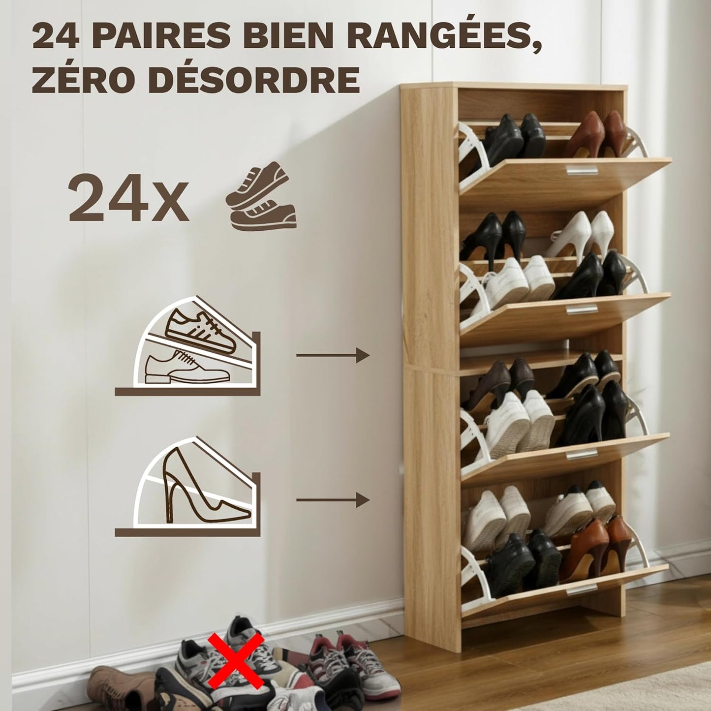 Meuble à Chaussures 24 Paires 4 Abattants – Armoire Étroite 24 cm Gain de Place – Meuble Entrée Bois clair 60x24x150 cm