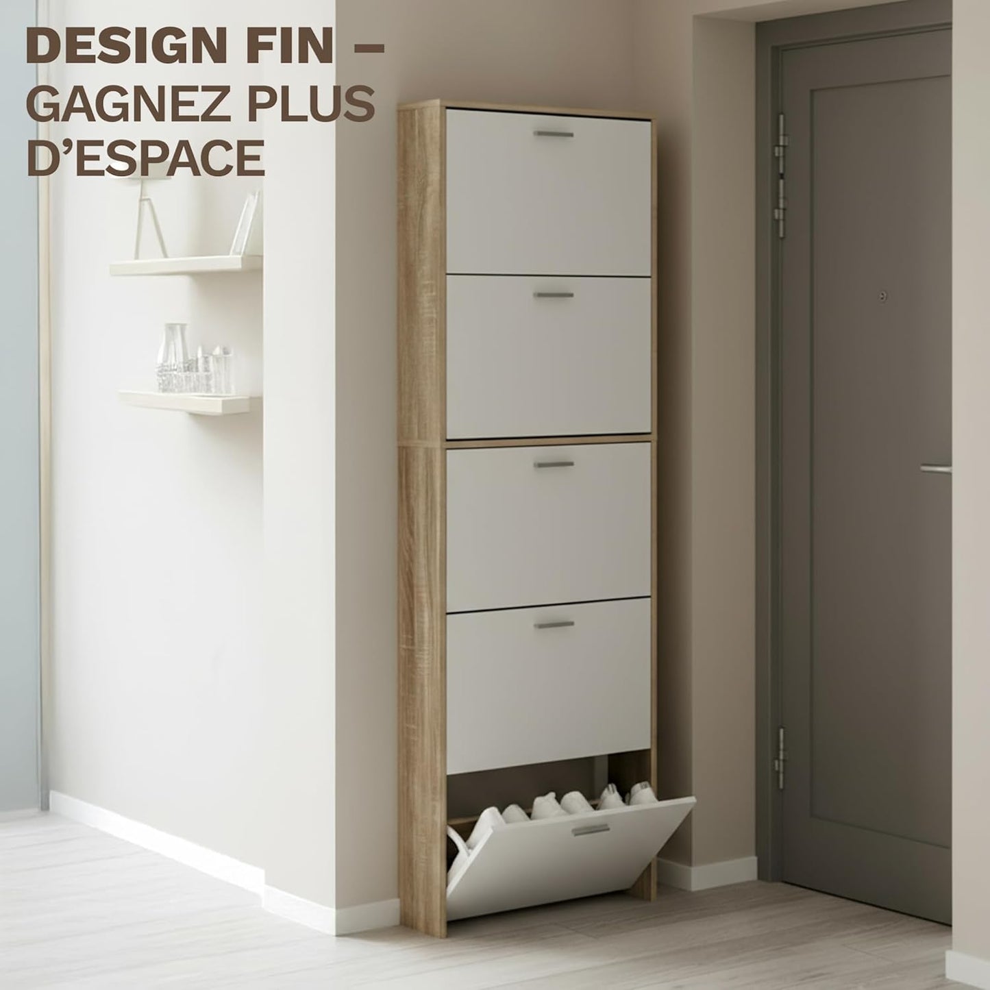 Meuble de Rangement à Chaussures - 15 Paires - 5 abattants - L60xP24xH180 cm - Portes Blanches et Cadre Bois Clair