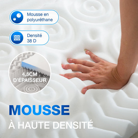 Surmatelas Mémoire de Forme 5 cm + Housse Bambou - Ergonomique, 13 Zones, Idéal Matelas 2 Places