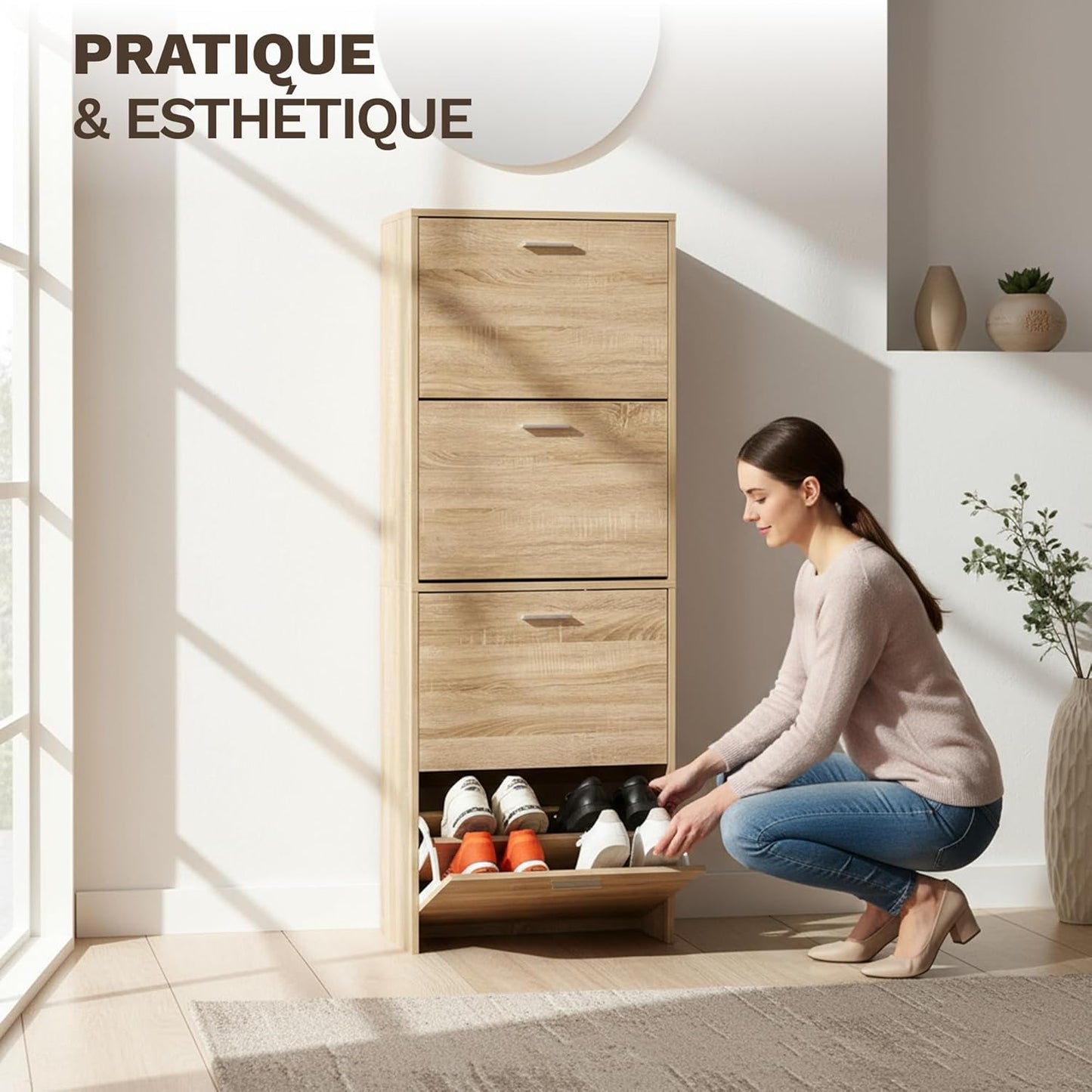 Meuble à Chaussures 24 Paires 4 Abattants – Armoire Étroite 24 cm Gain de Place – Meuble Entrée Bois clair 60x24x150 cm