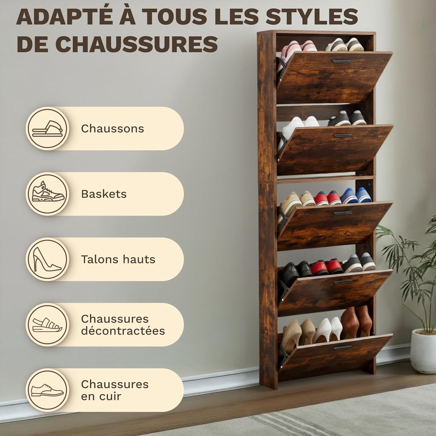 Meuble de Rangement à Chaussures - 15 Paires - 5 abattants - Dimensions : L60xP24xH180 cm - Couleur Rustique