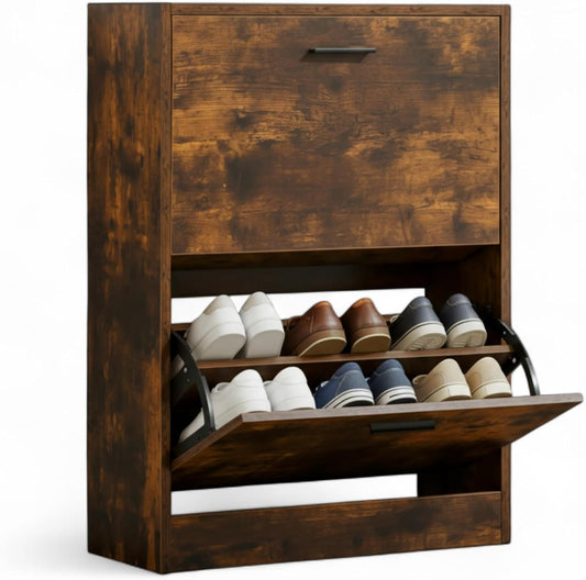 Meuble à Chaussures 12 Paires 2 Abattants – Armoire Étroite 24 cm Gain de Place – Meuble Entrée Bois Rustique 60x24x80 cm