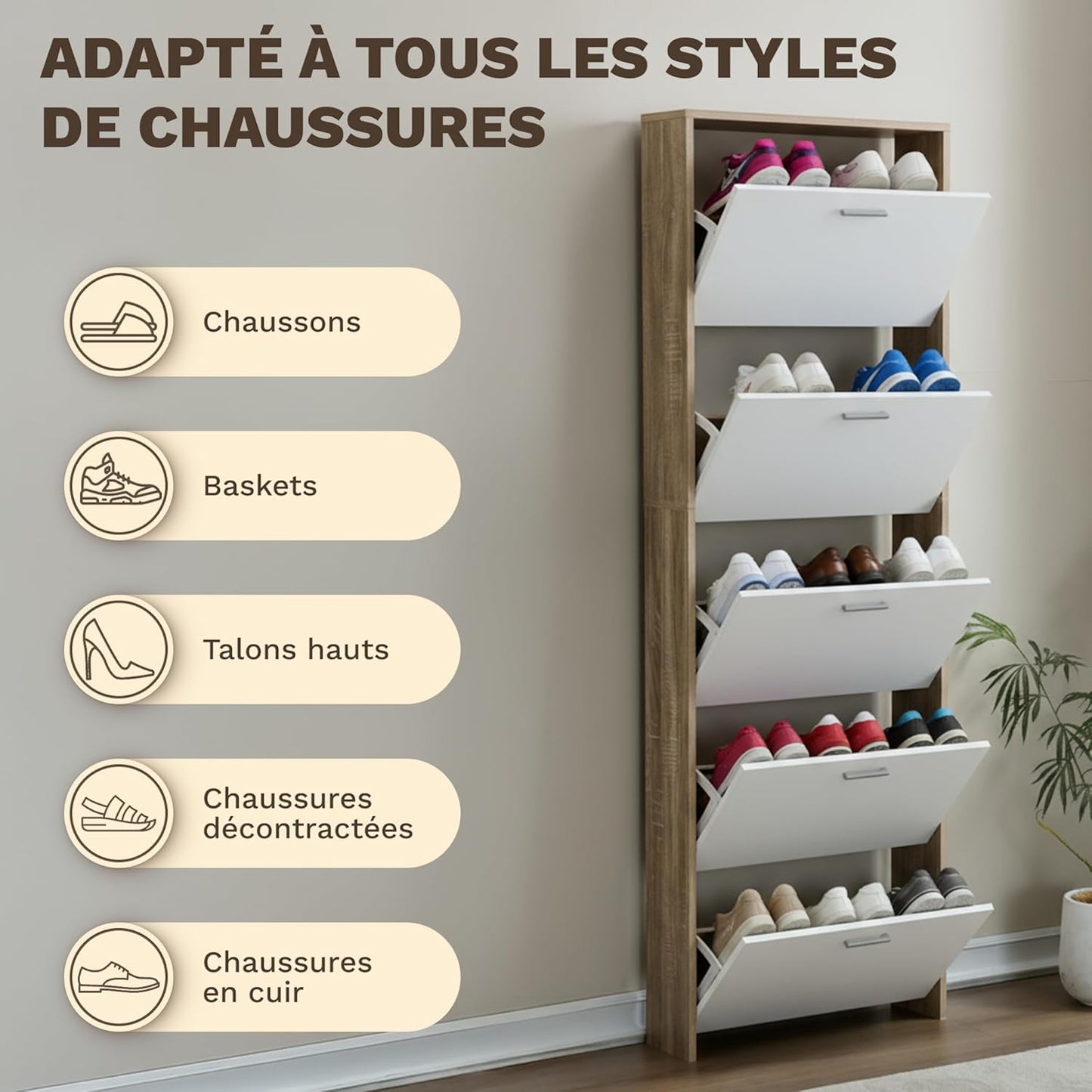 Meuble de Rangement à Chaussures - 15 Paires - 5 abattants - L60xP24xH180 cm - Portes Blanches et Cadre Bois Clair