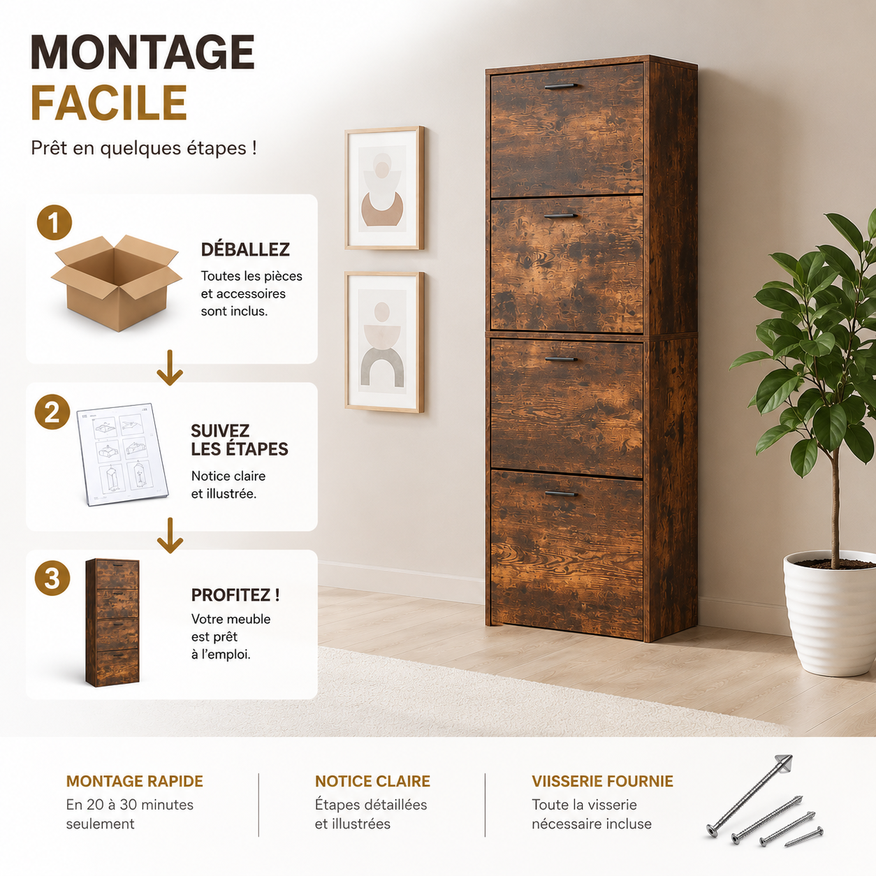 Meuble à Chaussures 24 Paires 4 Abattants – Armoire Étroite 24 cm Gain de Place – Meuble Entrée Bois Rustique 60x24x150 cm