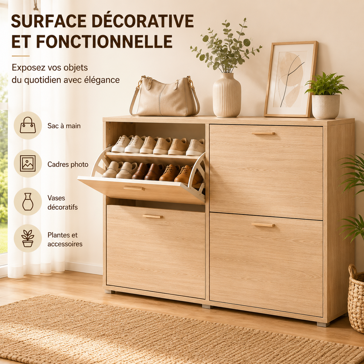 Meuble à Chaussures double 24 Paires 4 Abattants Ultra Slim 23,5 cm Gain de Place Entrée Bois Clair 118x23,5x75 cm