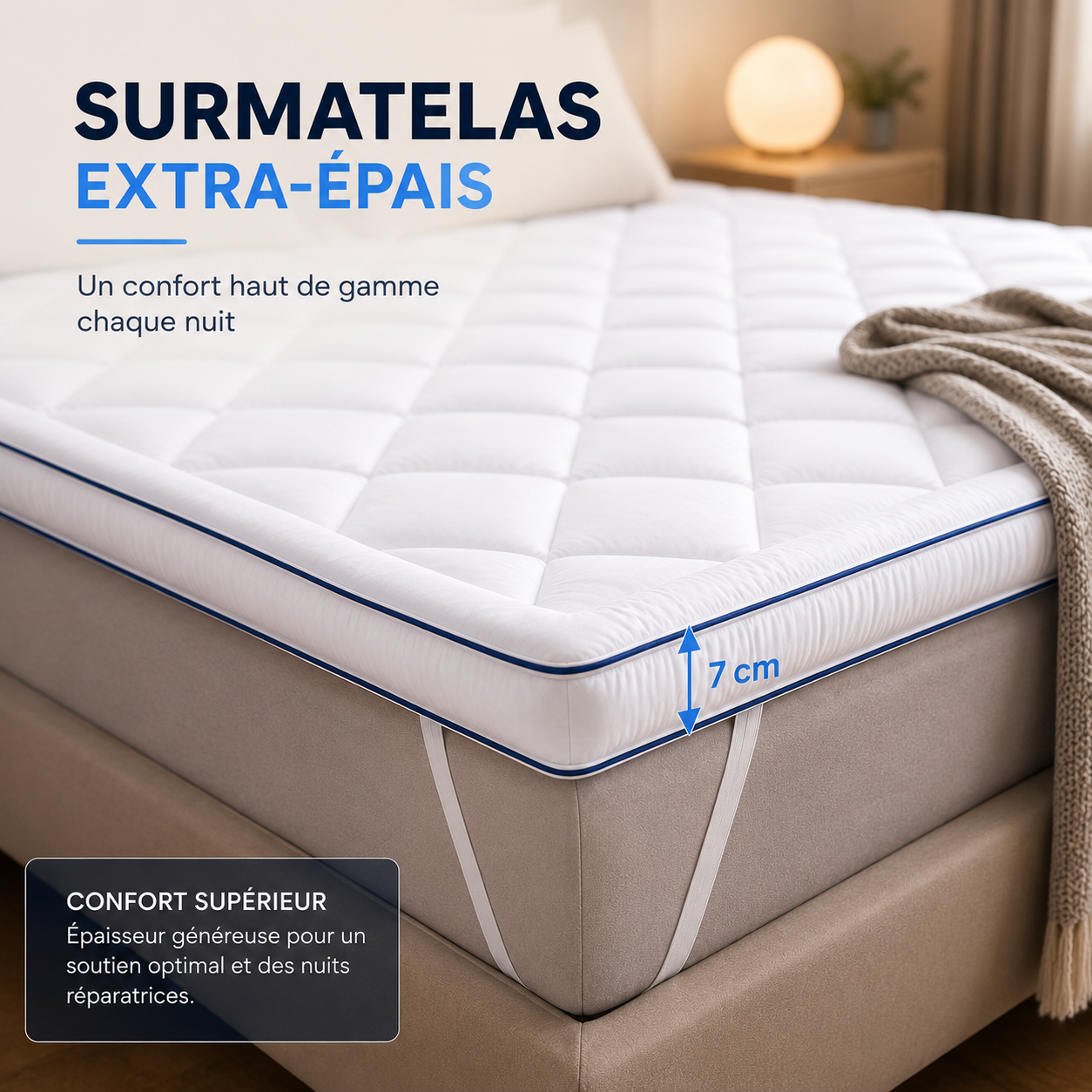 Surmatelas Confort 1000g - Microfibre Respirante, Hypoallergénique, Anti-acariens - Antidérapant