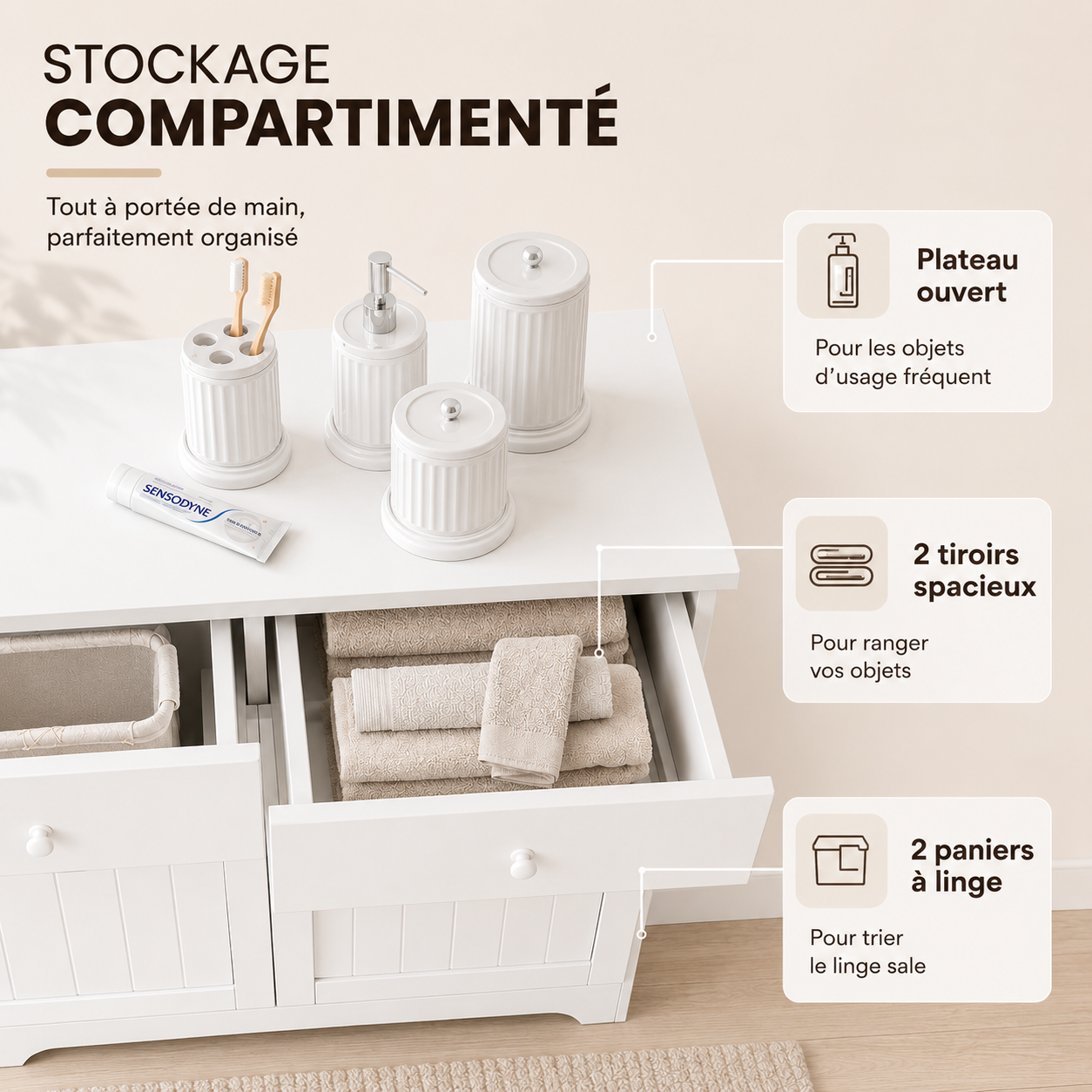 Meuble à Linge 45L, Armoire à Linge 2 Compartiments avec Paniers Amovibles couleur Bois Blanc